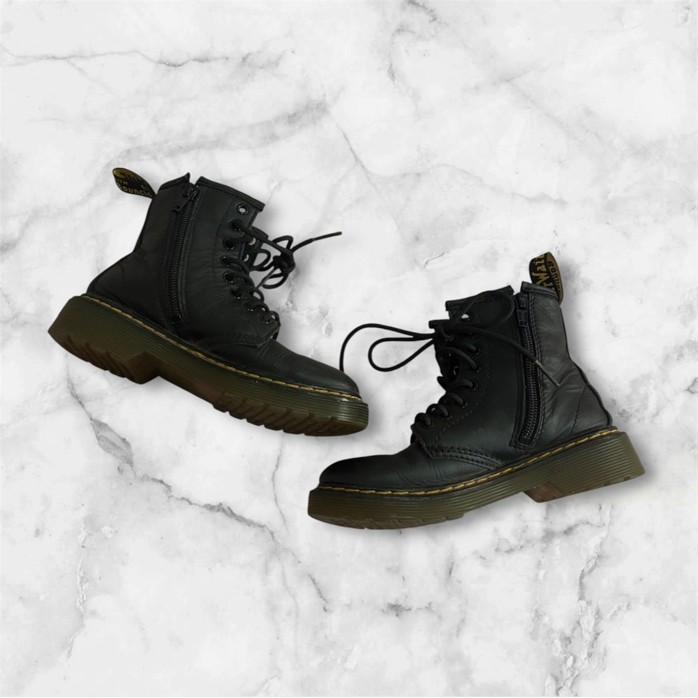 Dr. Martens Kids Black Leather Boots with Yellow Stitching